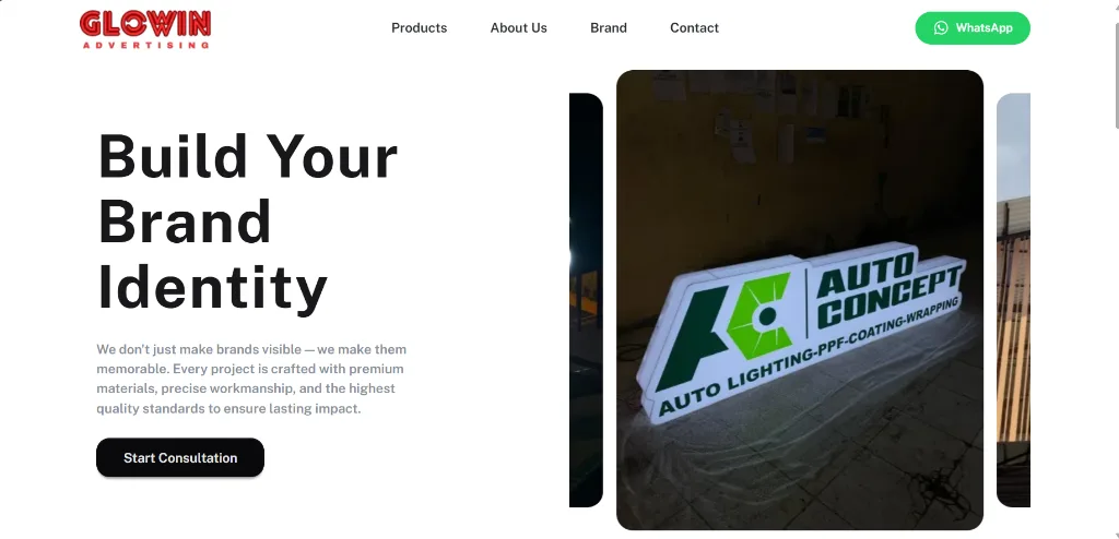 Tampilan situs web Glowin Advertising
