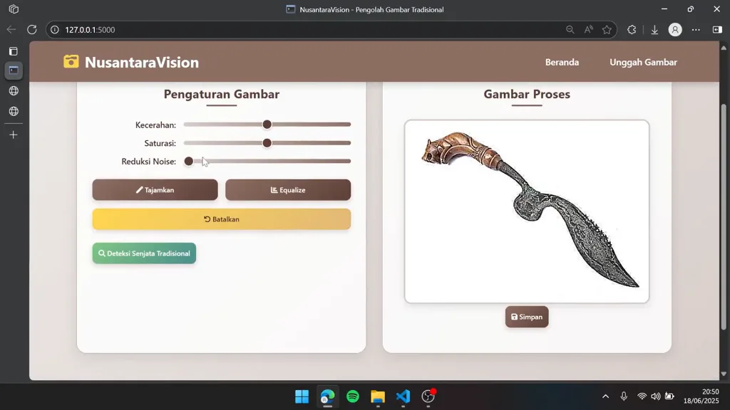 Antarmuka NusantaraVision — halaman pengaturan gambar dan hasil proses